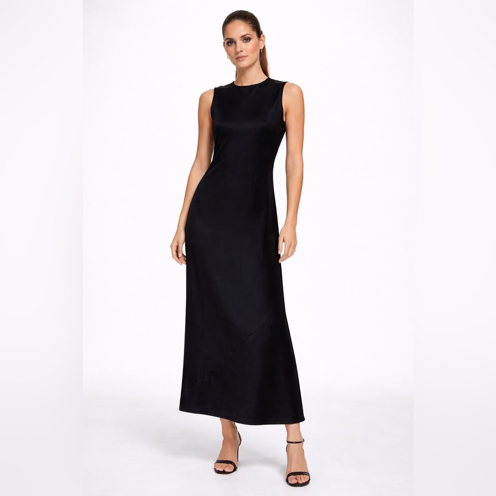 GEM Satin Slip midi  Dress — Black Minimalist Bias Cut | XS